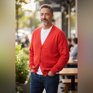 100% Wool Italy Classic Red Button V Neck Medium Front Pockets Retro Cardigan